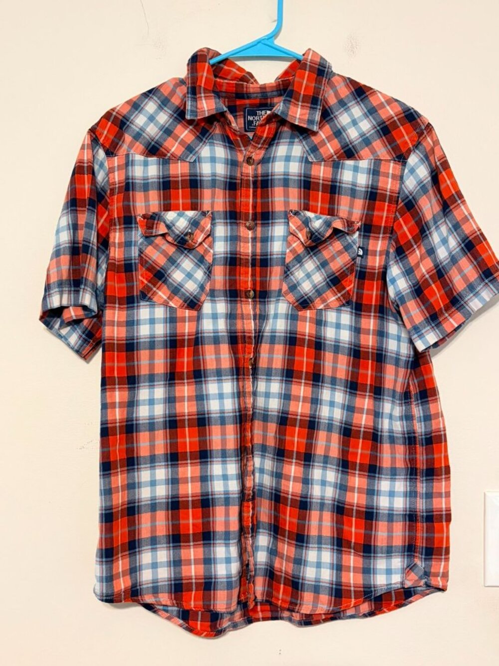 Men's Orange Blue Plaid The North Face Button Down Short Sleeve Shirt Sz Medium